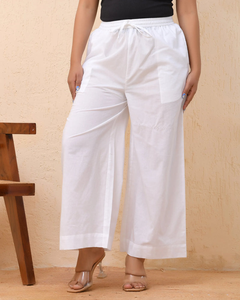 White Solid Palazzo-Style Half Elastic Drawstring Pants (Set of 5 Pc)