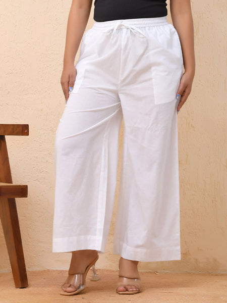 White Solid Palazzo-Style Half Elastic Drawstring Pants (Set of 5 Pc)