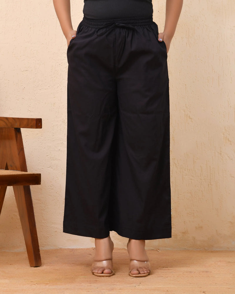Black Solid Palazzo Style Half Elastic Draw Strings Pant (Set of 5 Pc)