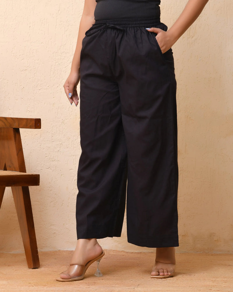 Black Solid Palazzo Style Half Elastic Draw Strings Pant (Set of 5 Pc)