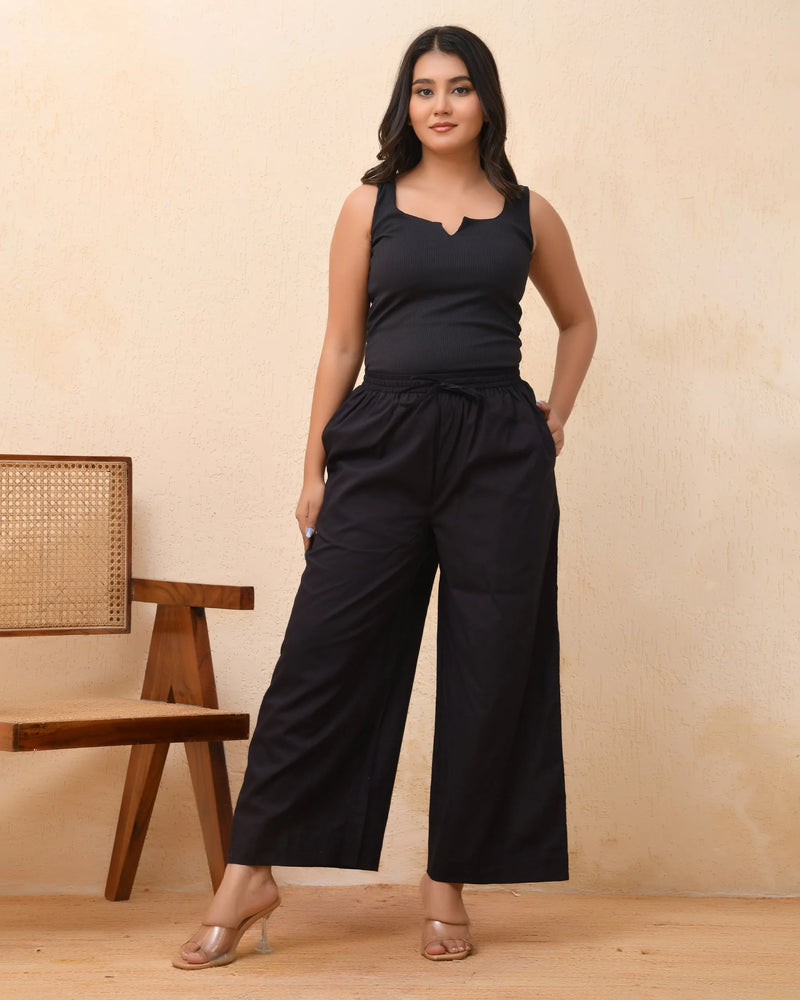 Black Solid Palazzo Style Half Elastic Draw Strings Pant (Set of 5 Pc)
