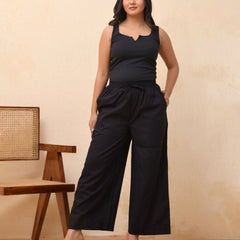 Black Solid Palazzo Style Half Elastic Draw Strings Pant (Set of 5 Pc)