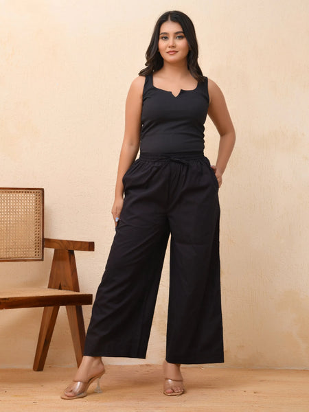 Black Solid Palazzo Style Half Elastic Draw Strings Pant (Set of 5 Pc)