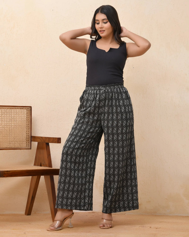 Black Double Dobby Flared Palazzo Pants (Set of 5 Pc)