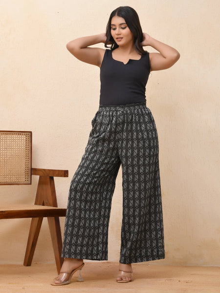Black Double Dobby Flared Palazzo Pants (Set of 5 Pc)