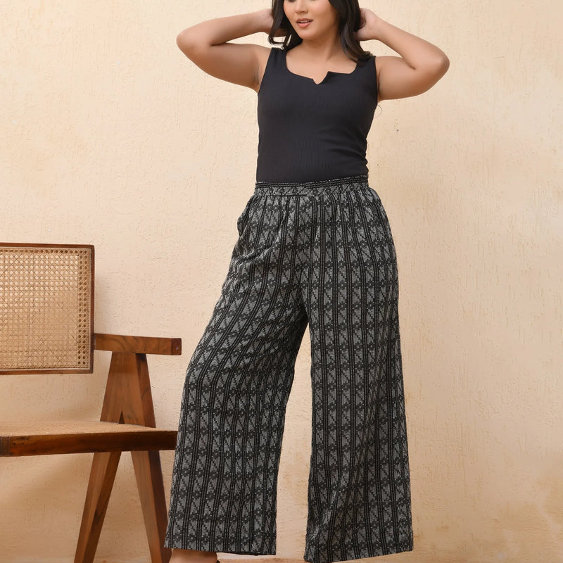 Black Double Dobby Flared Palazzo Pants (Set of 5 Pc)