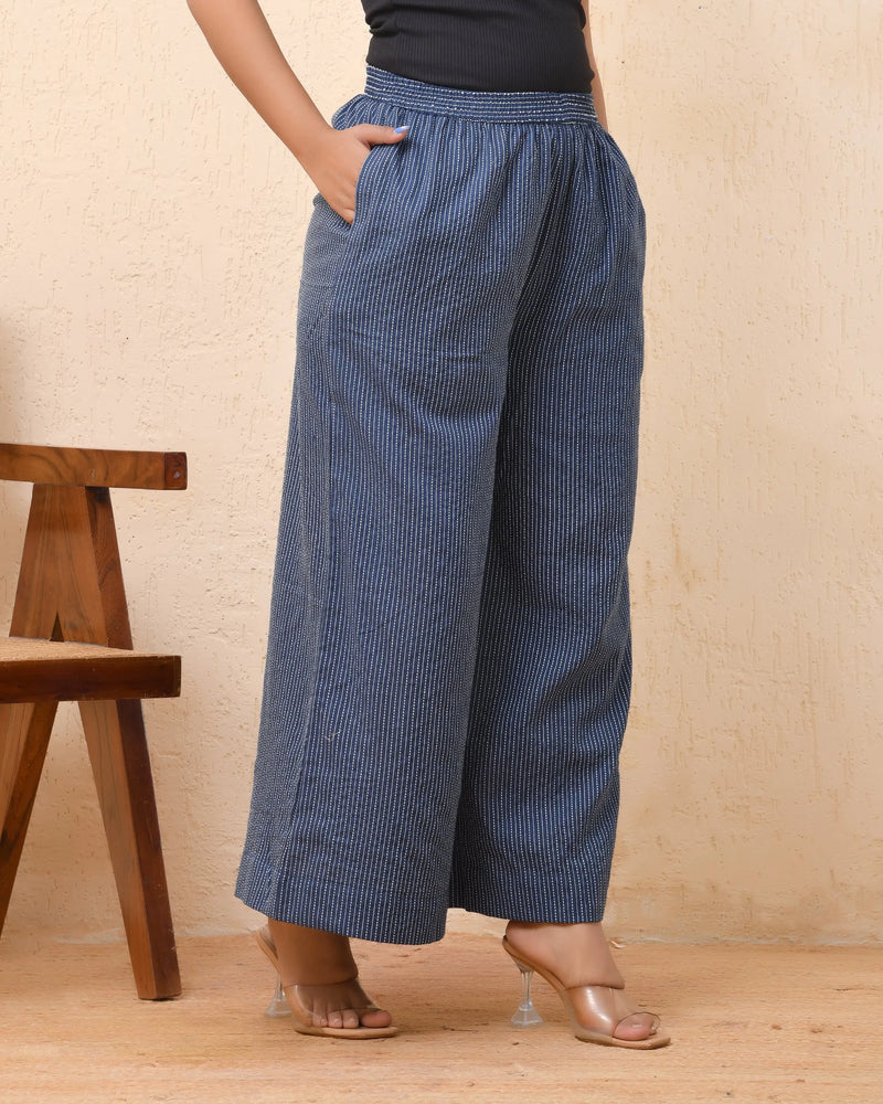 Royal Blue Kantha Flared Palazzo Pants (Set of 5 Pc)