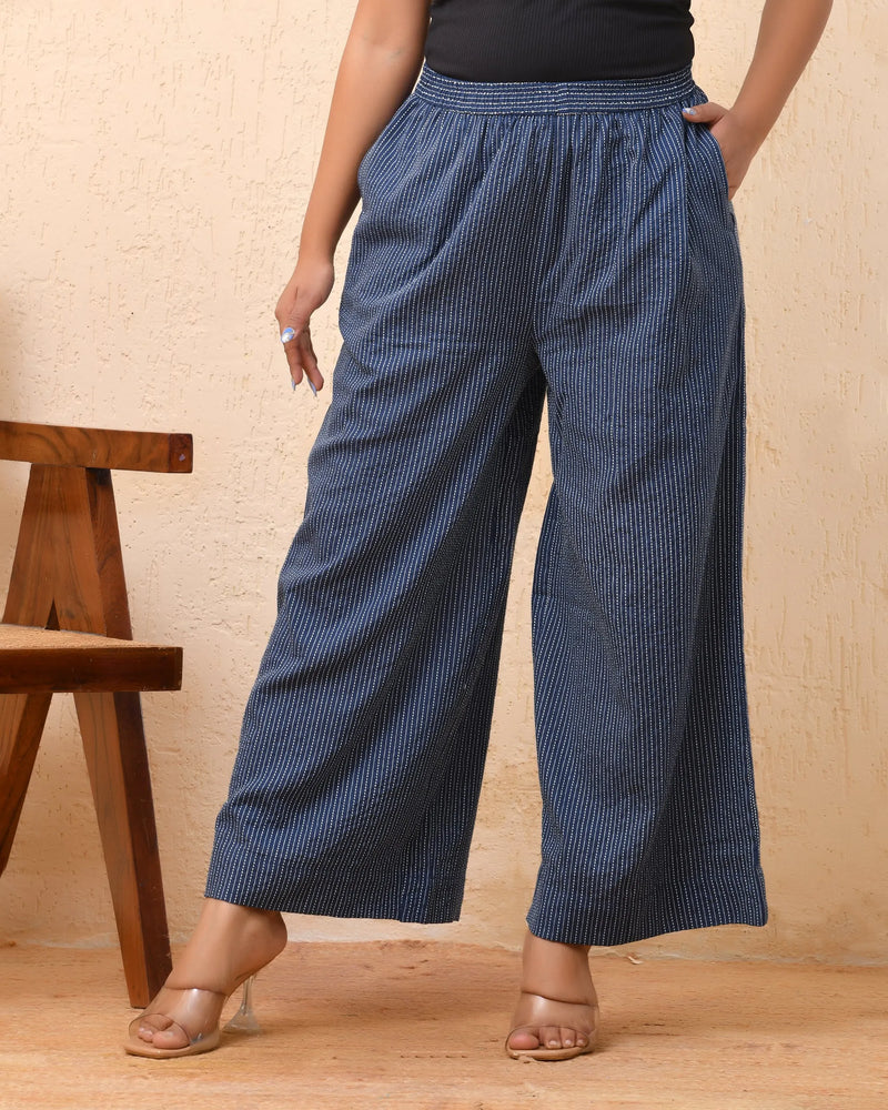 Royal Blue Kantha Flared Palazzo Pants (Set of 5 Pc)