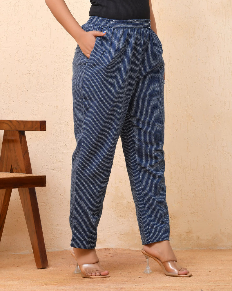Royal Blue Kantha Straight Fit Pants (Set of 5 Pc)