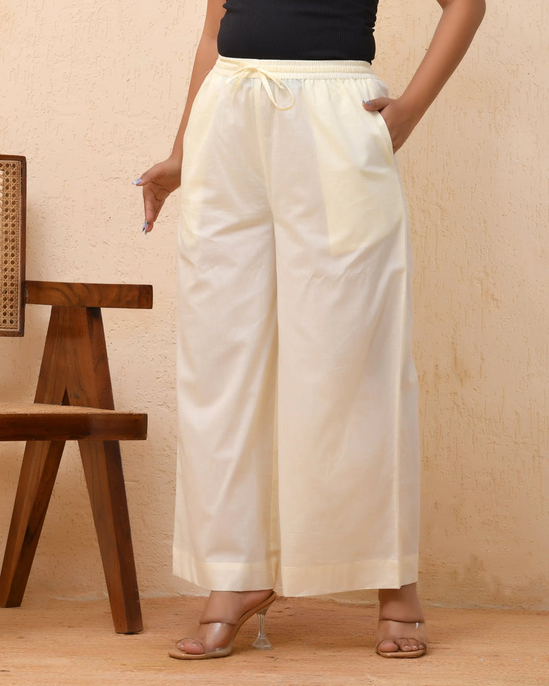 Cream Solid Flared Palazzo Pant (Set of 5 Pc)