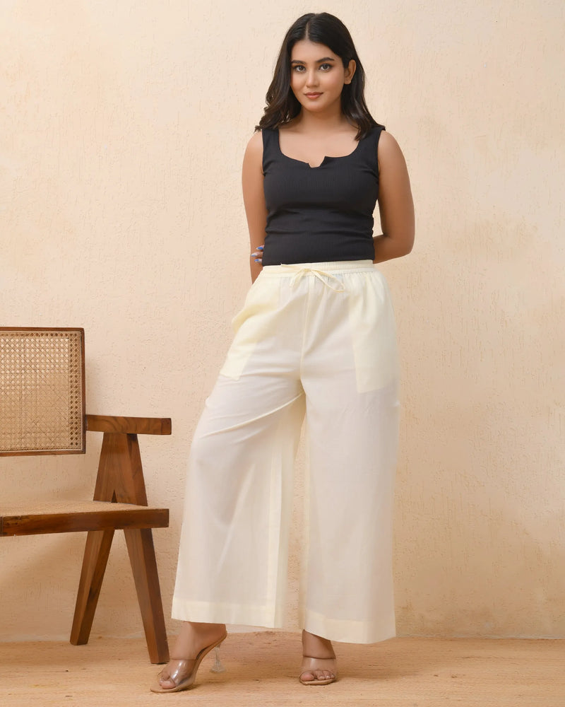 Cream Solid Flared Palazzo Pant (Set of 5 Pc)