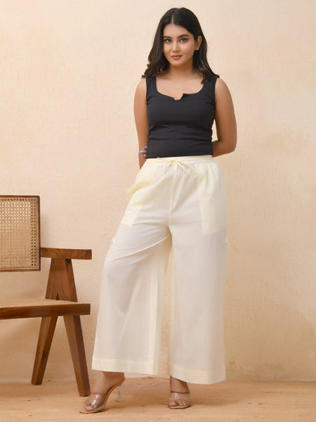 Cream Solid Flared Palazzo Pant (Set of 5 Pc)