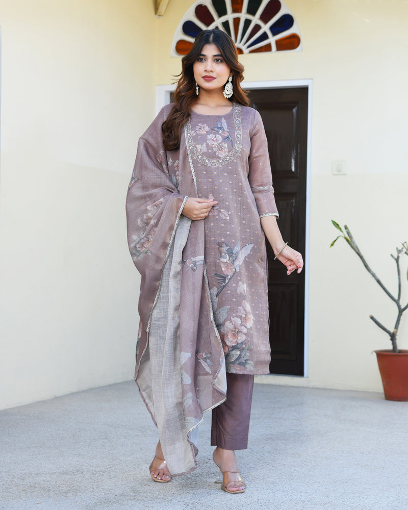 (Vaasva) Women dark green tissue linen floral suit set (Set of 5pc)