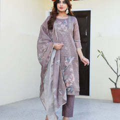 (Vaasva) Women dark green tissue linen floral suit set (Set of 5pc)