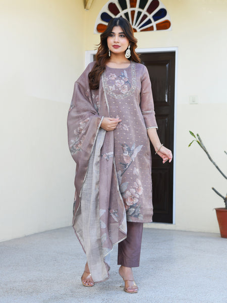 (Vaasva) Women dark green tissue linen floral suit set (Set of 5pc)
