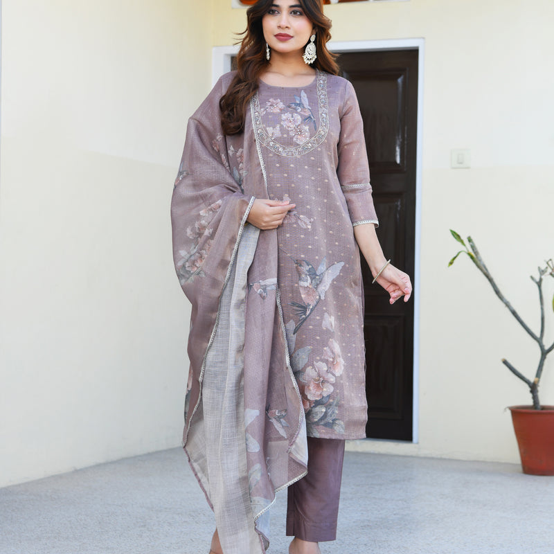 (Vaasva) Women dark green tissue linen floral suit set (Set of 5pc)