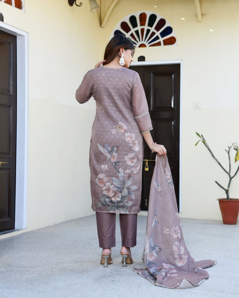 (Vaasva) Women dark green tissue linen floral suit set (Set of 5pc)