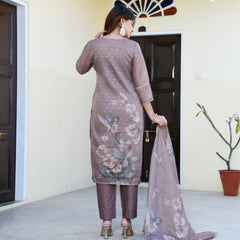 (Vaasva) Women dark green tissue linen floral suit set (Set of 5pc)