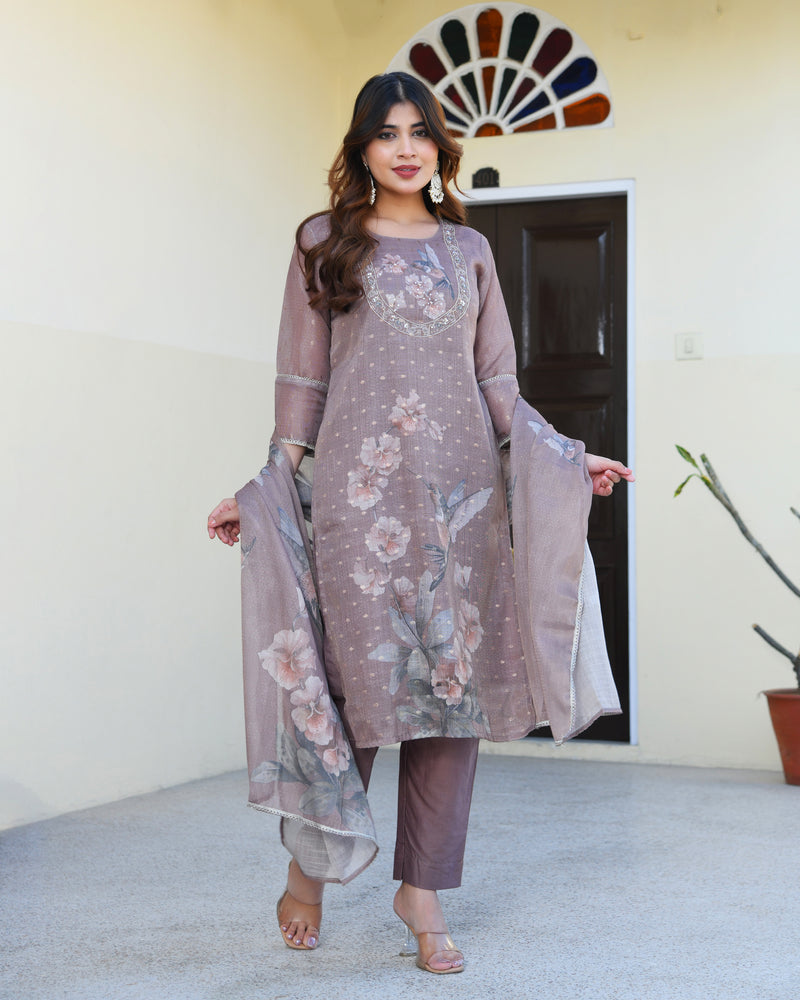 (Vaasva) Women dark green tissue linen floral suit set (Set of 5pc)