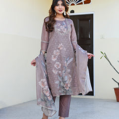 (Vaasva) Women dark green tissue linen floral suit set (Set of 5pc)