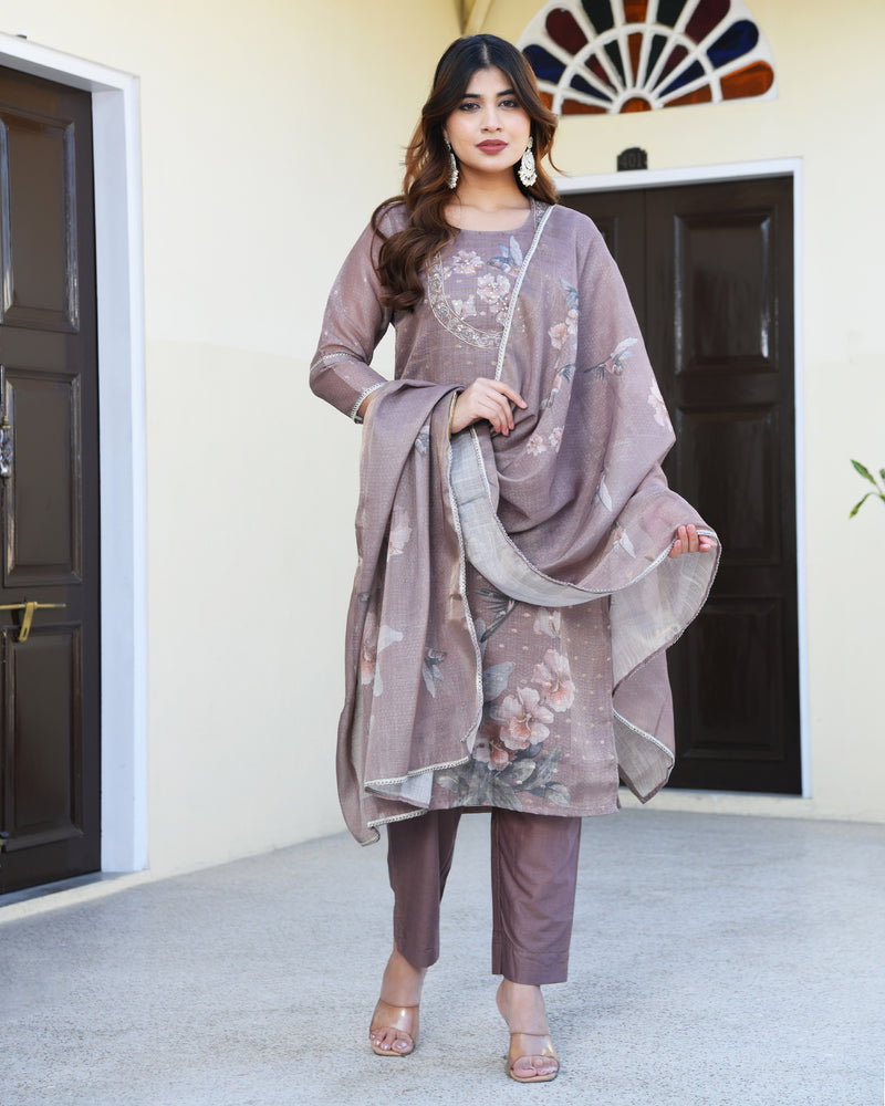 (Vaasva) Women dark green tissue linen floral suit set (Set of 5pc)