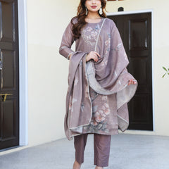 (Vaasva) Women dark green tissue linen floral suit set (Set of 5pc)