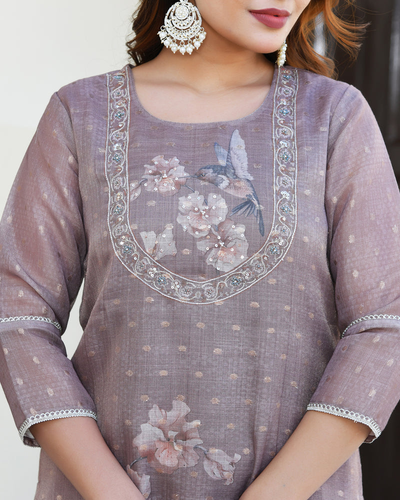 (Vaasva) Women dark green tissue linen floral suit set (Set of 5pc)