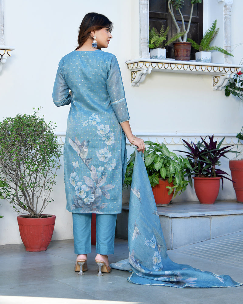 (Vaasva) Women cobalt blue tissue linen floral suit set (Set of 5pc)