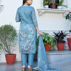 (Vaasva) Women cobalt blue tissue linen floral suit set (Set of 5pc)