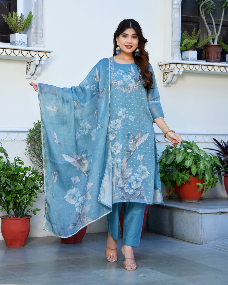 (Vaasva) Women cobalt blue tissue linen floral suit set (Set of 5pc)