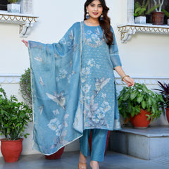 (Vaasva) Women cobalt blue tissue linen floral suit set (Set of 5pc)