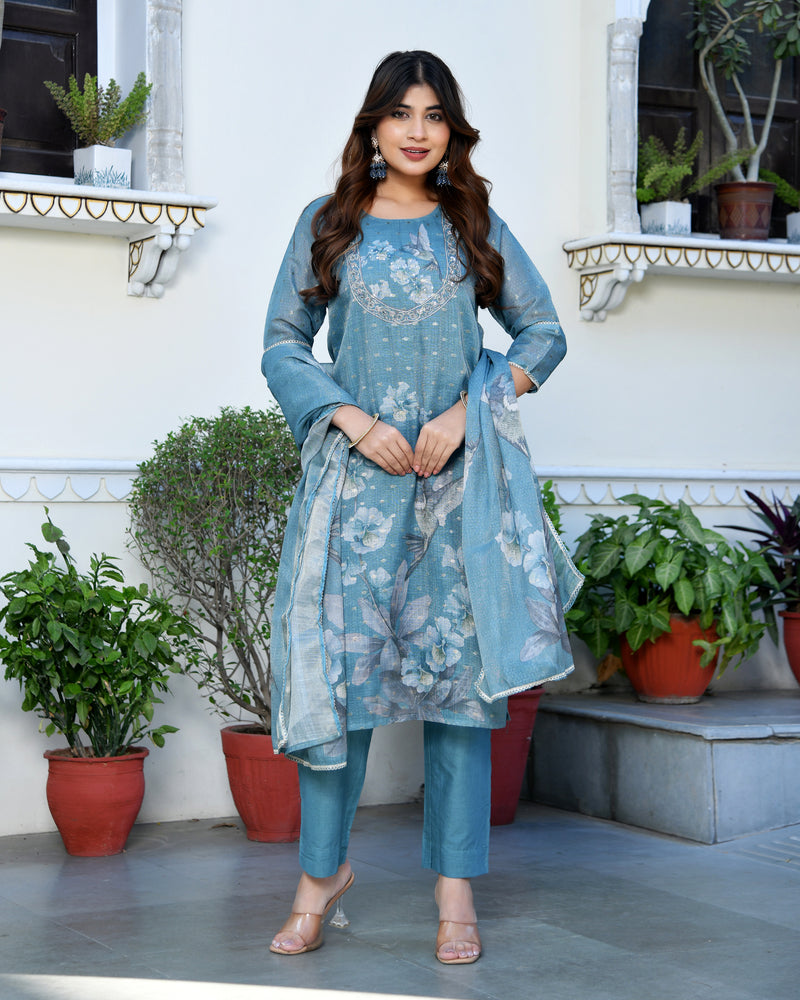 (Vaasva) Women cobalt blue tissue linen floral suit set (Set of 5pc)