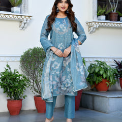 (Vaasva) Women cobalt blue tissue linen floral suit set (Set of 5pc)