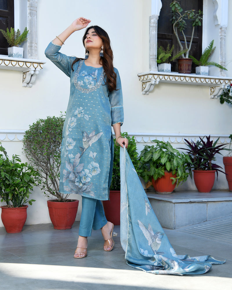 (Vaasva) Women cobalt blue tissue linen floral suit set (Set of 5pc)