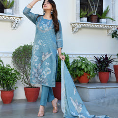 (Vaasva) Women cobalt blue tissue linen floral suit set (Set of 5pc)