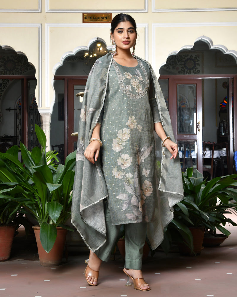 (Vaasva) Women dark green tissue linen floral suit set (Set of 5pc)