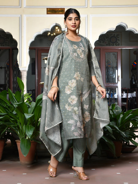 (Vaasva) Women dark green tissue linen floral suit set (Set of 5pc)