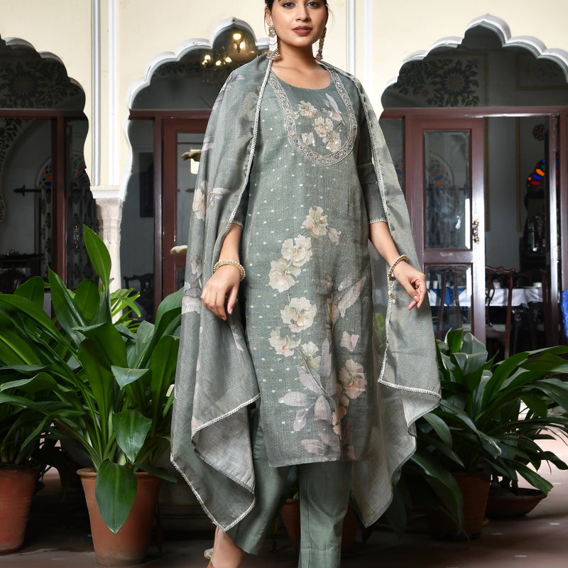 (Vaasva) Women dark green tissue linen floral suit set (Set of 5pc)
