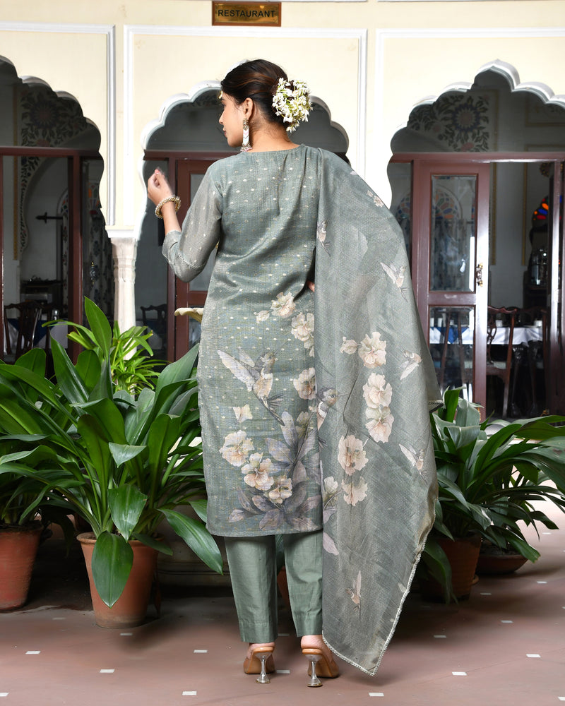 (Vaasva) Women dark green tissue linen floral suit set (Set of 5pc)