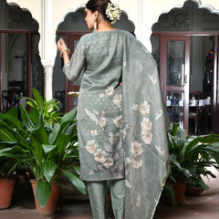 (Vaasva) Women dark green tissue linen floral suit set (Set of 5pc)
