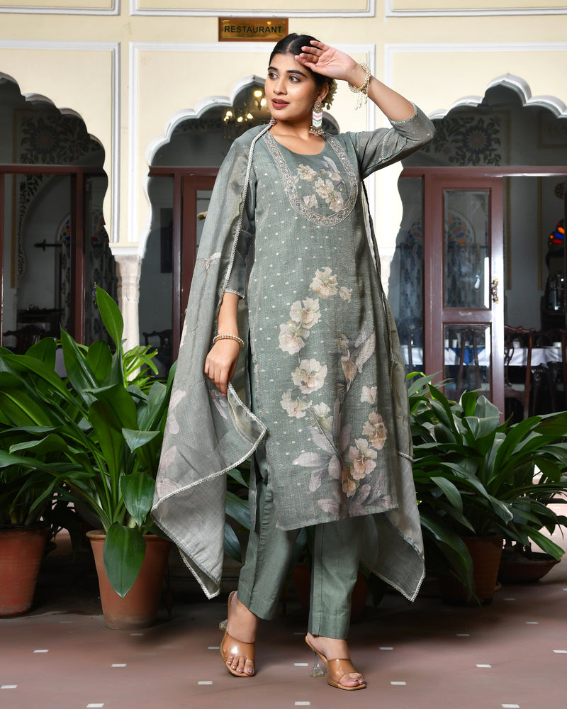 (Vaasva) Women dark green tissue linen floral suit set (Set of 5pc)