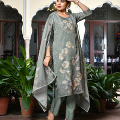 (Vaasva) Women dark green tissue linen floral suit set (Set of 5pc)