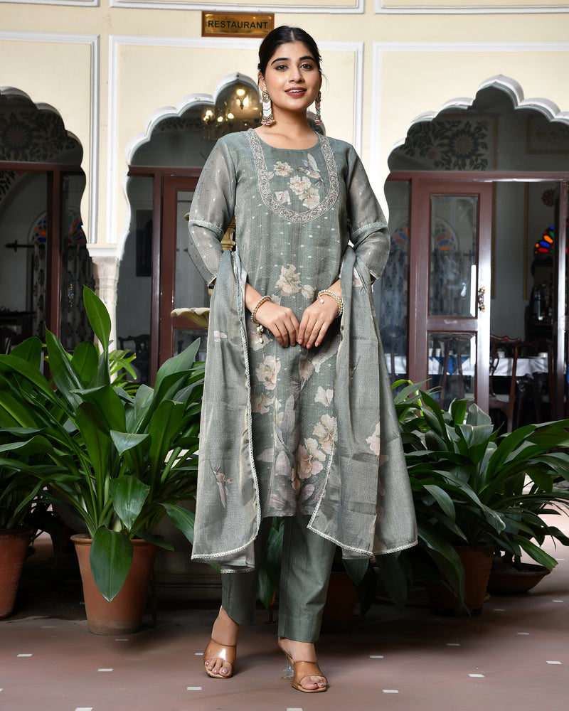 (Vaasva) Women dark green tissue linen floral suit set (Set of 5pc)