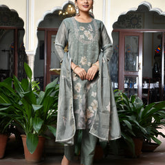 (Vaasva) Women dark green tissue linen floral suit set (Set of 5pc)