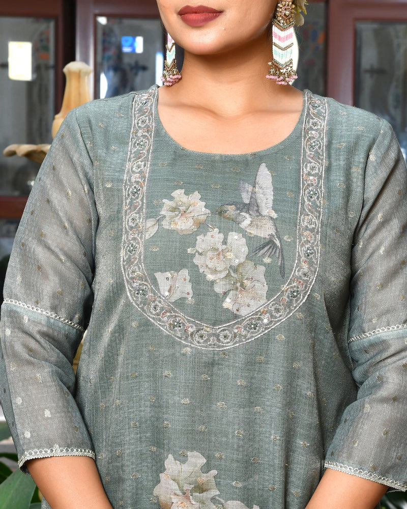 (Vaasva) Women dark green tissue linen floral suit set (Set of 5pc)