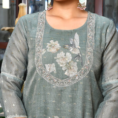 (Vaasva) Women dark green tissue linen floral suit set (Set of 5pc)