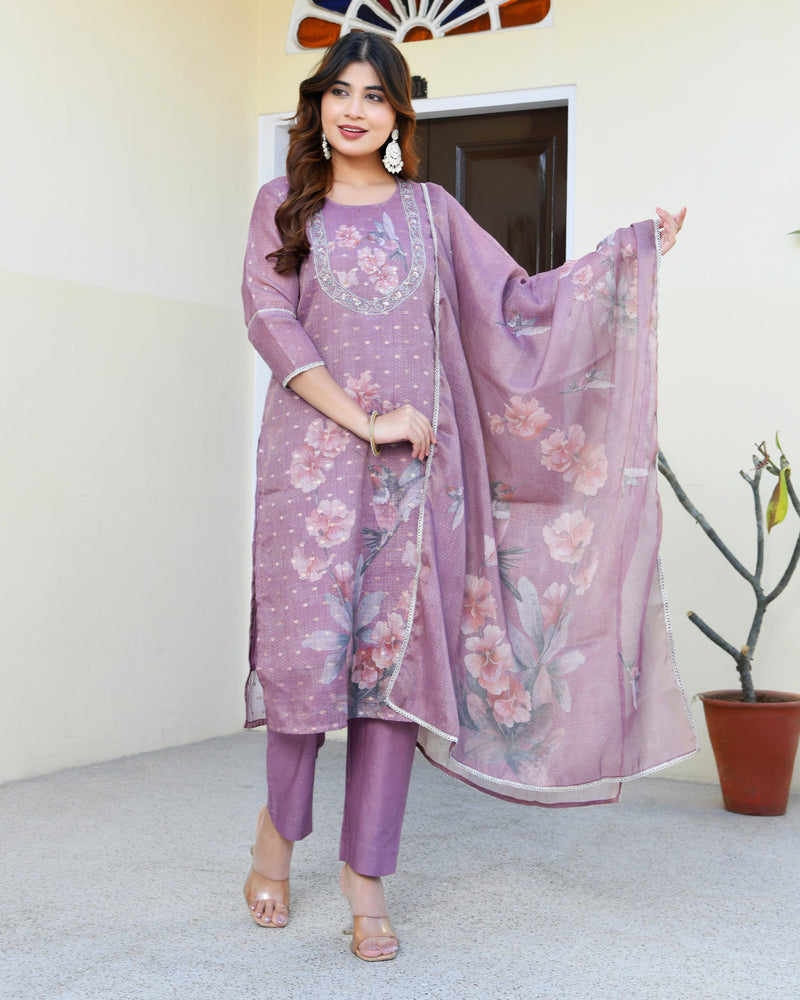 (Vaasva) Women purple tissue linen floral suit set (Set of 5pc)