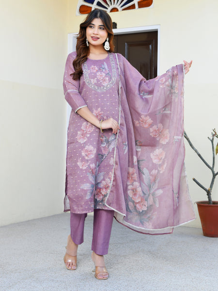 (Vaasva) Women purple tissue linen floral suit set (Set of 5pc)