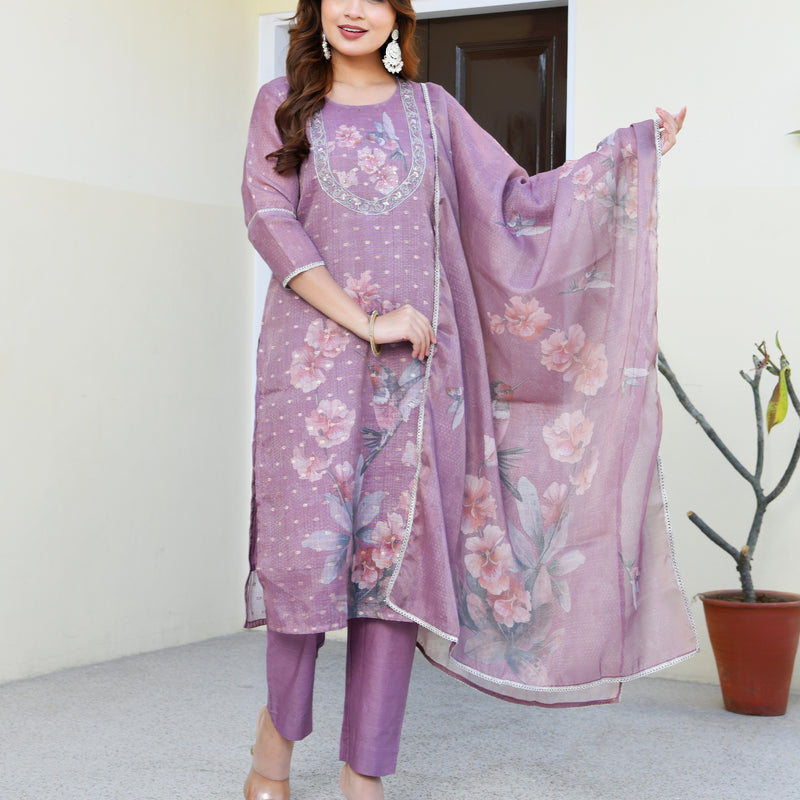 (Vaasva) Women purple tissue linen floral suit set (Set of 5pc)