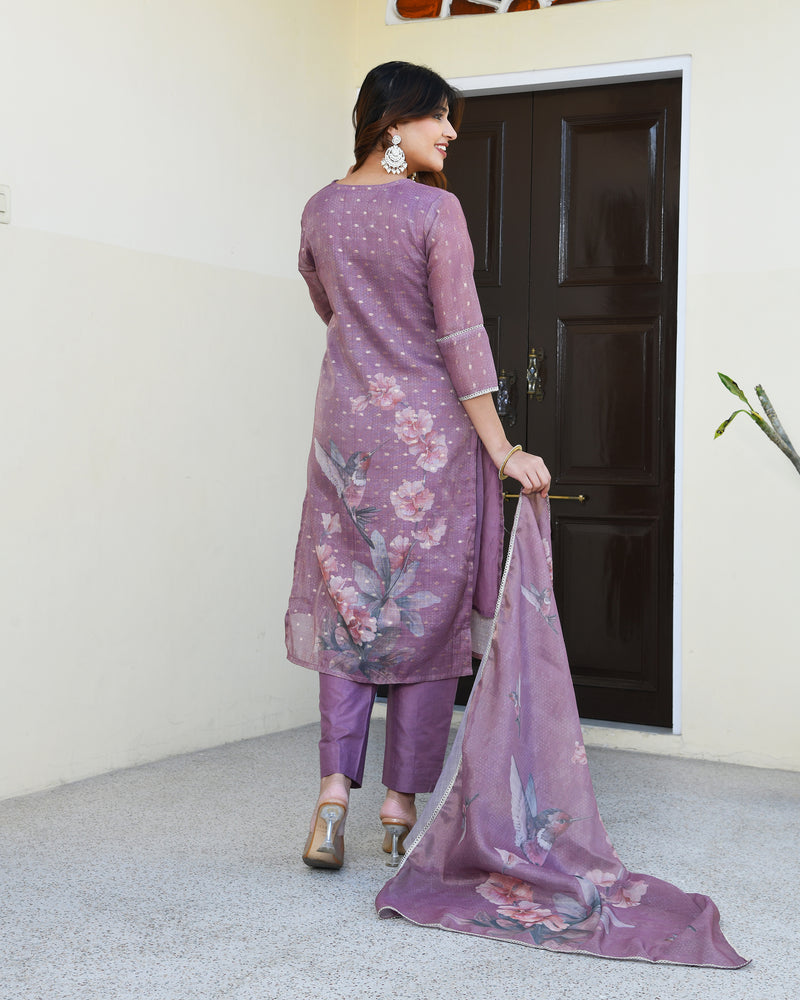 (Vaasva) Women purple tissue linen floral suit set (Set of 5pc)